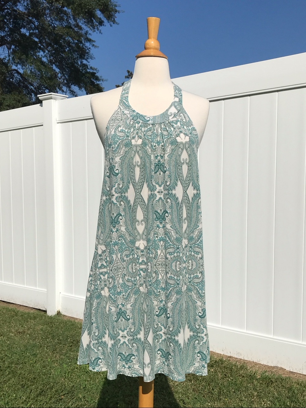 Lascana Venus Cream and Green Paisley Print High Neck Racer Back Dress Size Med
